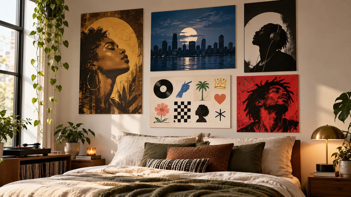 Drake-inspired album cover posters arranged in a stylish bedroom gallery wall above a bed, featuring hip-hop artwork and cozy music-themed room decor.