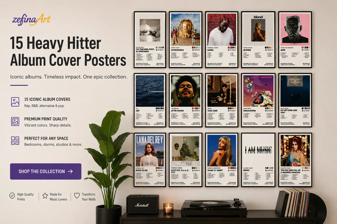 15 heavy hitter album cover posters featuring iconic rap R&B and pop albums