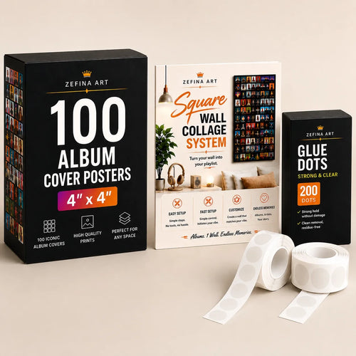 100 Album Cover Posters Starter Kit including premium 4x4 album cover posters, removable glue dots, and a wall collage guide for easy music wall art installation.