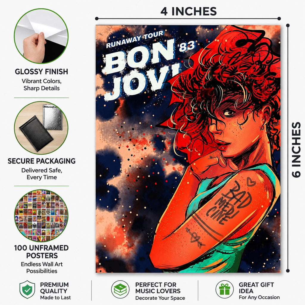 Premium 100 album cover poster set featuring a 4x6 inch poster size guide with glossy finish, secure packaging, vibrant high-quality printing, and unframed music wall art for bedroom and dorm decor.