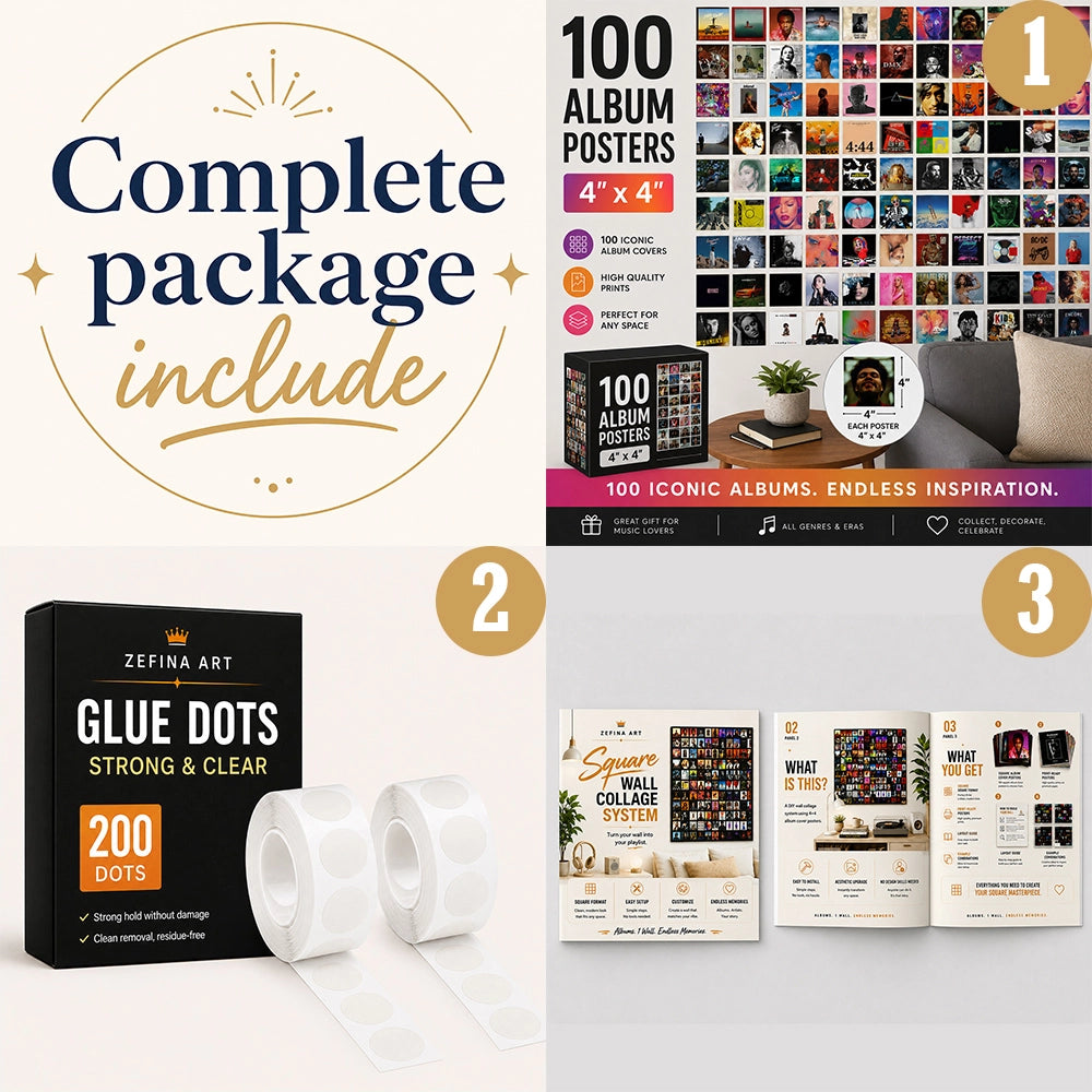 Complete package of 100 Album Cover Posters including 100 premium 4×4 album cover posters, 200 removable glue dots, and a wall collage guide for easy music wall art installation.