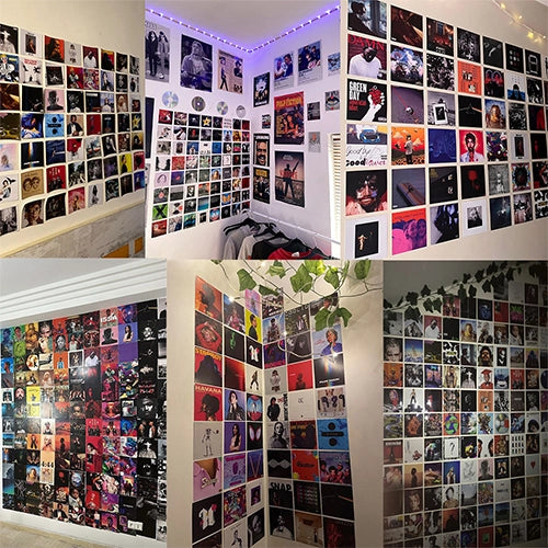 Customer gallery featuring 100 Album Cover Posters displayed as creative wall collages in bedrooms, dorm rooms, music rooms, and home interiors.
