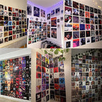 Customer gallery featuring 100 Album Cover Posters displayed as creative wall collages in bedrooms, dorm rooms, music rooms, and home interiors.