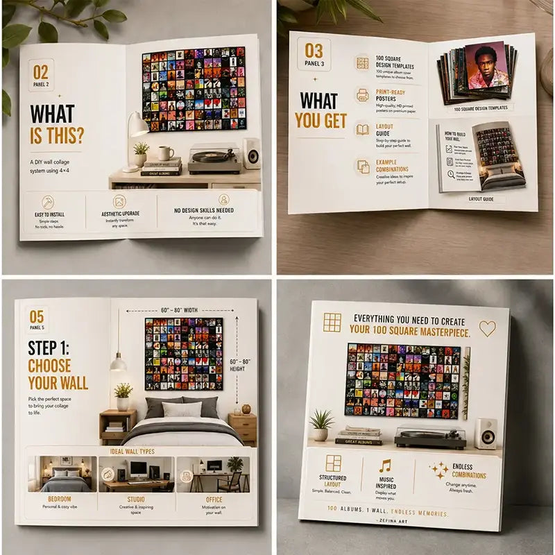 Guide booklet included with 100 Album Cover Posters featuring installation instructions, layout ideas, room inspiration, wall planning, and DIY music wall collage setup.