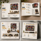 Guide booklet included with 100 Album Cover Posters featuring installation instructions, layout ideas, room inspiration, wall planning, and DIY music wall collage setup.