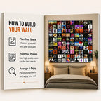 Step-by-step installation guide showing how to build a wall collage with 100 Album Cover Posters, including wall planning, poster arrangement, and bedroom decor inspiration.