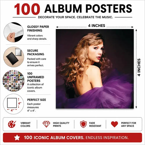 Product details for 100 four-inch square album cover posters, including finish, packaging and print features