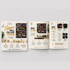 Preview of the Square Wall Collage System guide booklet included with 100 Album Cover Posters, featuring installation instructions, layout ideas, design templates, and setup guidance for creating a music-inspired wall collage.