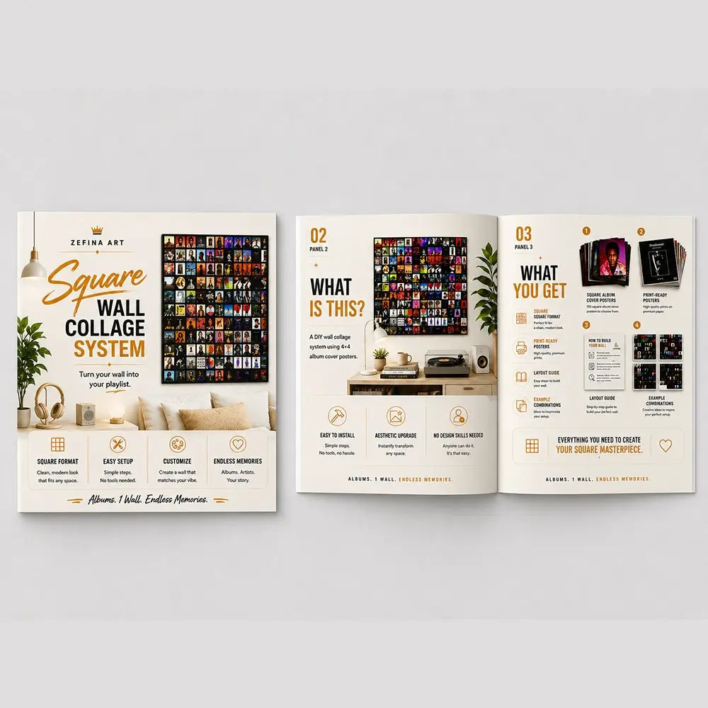 Preview of the Square Wall Collage System guide booklet included with 100 Album Cover Posters, featuring installation instructions, layout ideas, design templates, and setup guidance for creating a music-inspired wall collage.