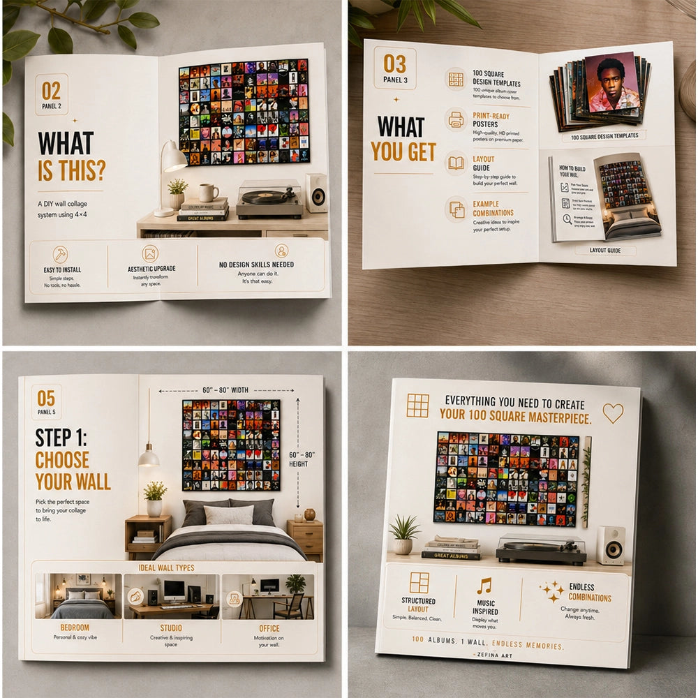 Step-by-step wall collage guide included with 100 Album Cover Posters, showing installation instructions, layout ideas, wall planning, and design inspiration for creating a music wall display.