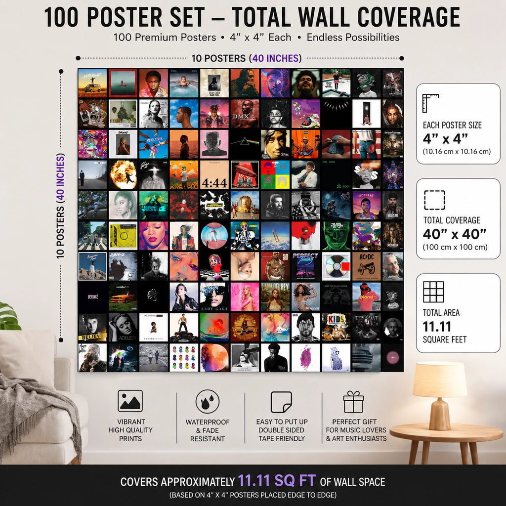 100 Album Cover Posters arranged in a 10×10 wall collage with a total wall coverage of 40 × 40 inches. Premium 4×4 inch music wall art for bedrooms, dorm rooms, gaming rooms, studios, and home decor.