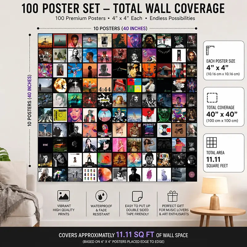 100 Album Cover Poster Wall Collage Layout showing 40 x 40 inch wall coverage with 100 premium 4x4 inch unframed music album posters.