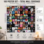 100 Album Cover Poster Wall Collage Layout showing 40 x 40 inch wall coverage with 100 premium 4x4 inch unframed music album posters.