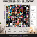 100 Album Cover Poster Wall Collage Layout showing 40 x 40 inch wall coverage with 100 premium 4x4 inch unframed music album posters.