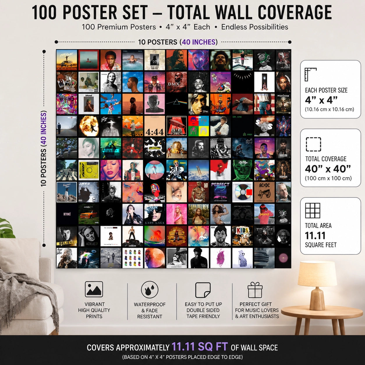 100 Album Cover Poster Wall Collage Layout showing 40 x 40 inch wall coverage with 100 premium 4x4 inch unframed music album posters.