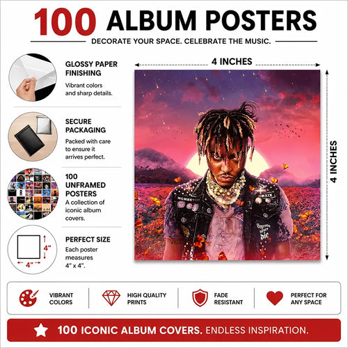 100 Iconic Album Cover Posters – 4x4 Inch Unframed Music Wall Art Collage with High-Quality Glossy Prints