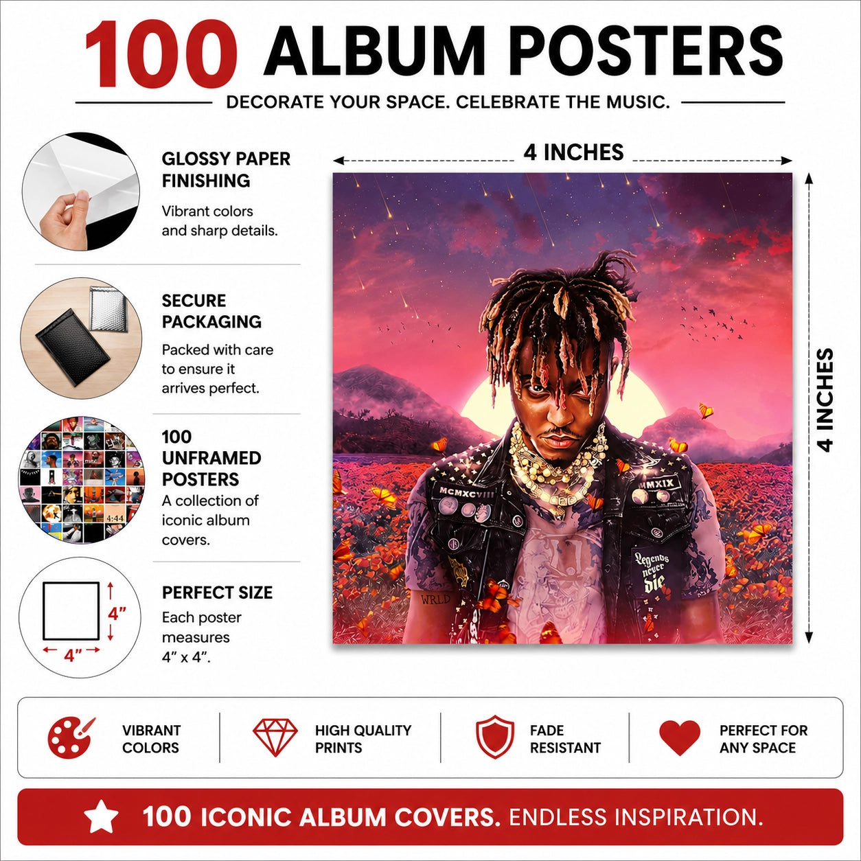 100 Iconic Album Cover Posters – 4x4 Inch Unframed Music Wall Art Collage with High-Quality Glossy Prints