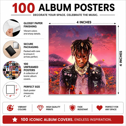 100 Iconic Album Cover Posters – 4x4 Inch Unframed Music Wall Art Collage with High-Quality Glossy Prints