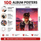 100 Iconic Album Cover Posters with premium glossy 4×4 inch prints, vibrant colors, fade-resistant quality, secure packaging, and unframed music wall art for bedrooms, dorm rooms, gaming rooms, and studios.
