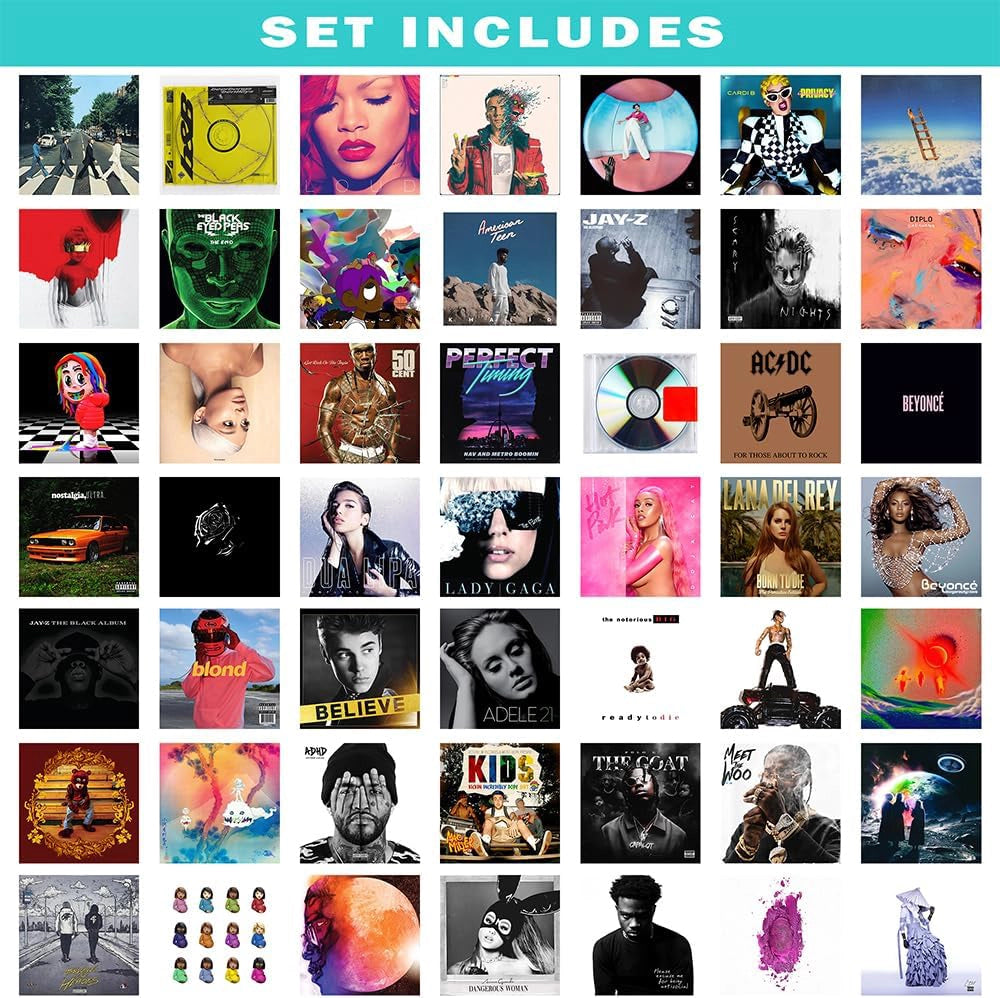100 album cover posters displayed as a music wall collage for bedroom decor