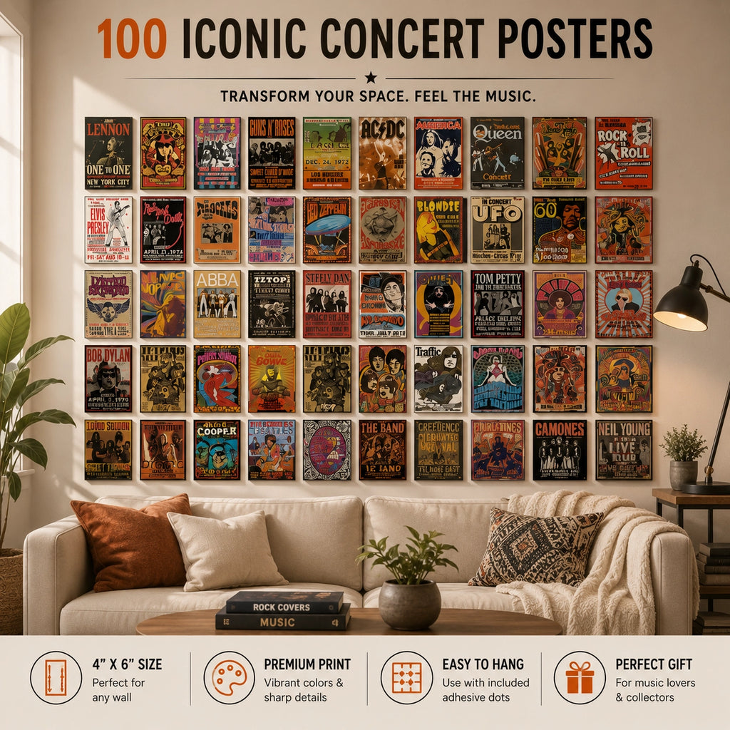 100 iconic vintage concert posters displayed as a 4x6 inch wall collage featuring legendary rock bands and artists including AC/DC, Queen, Guns N' Roses, Elvis Presley, Bob Dylan, Led Zeppelin, and ABBA for retro music room decor.