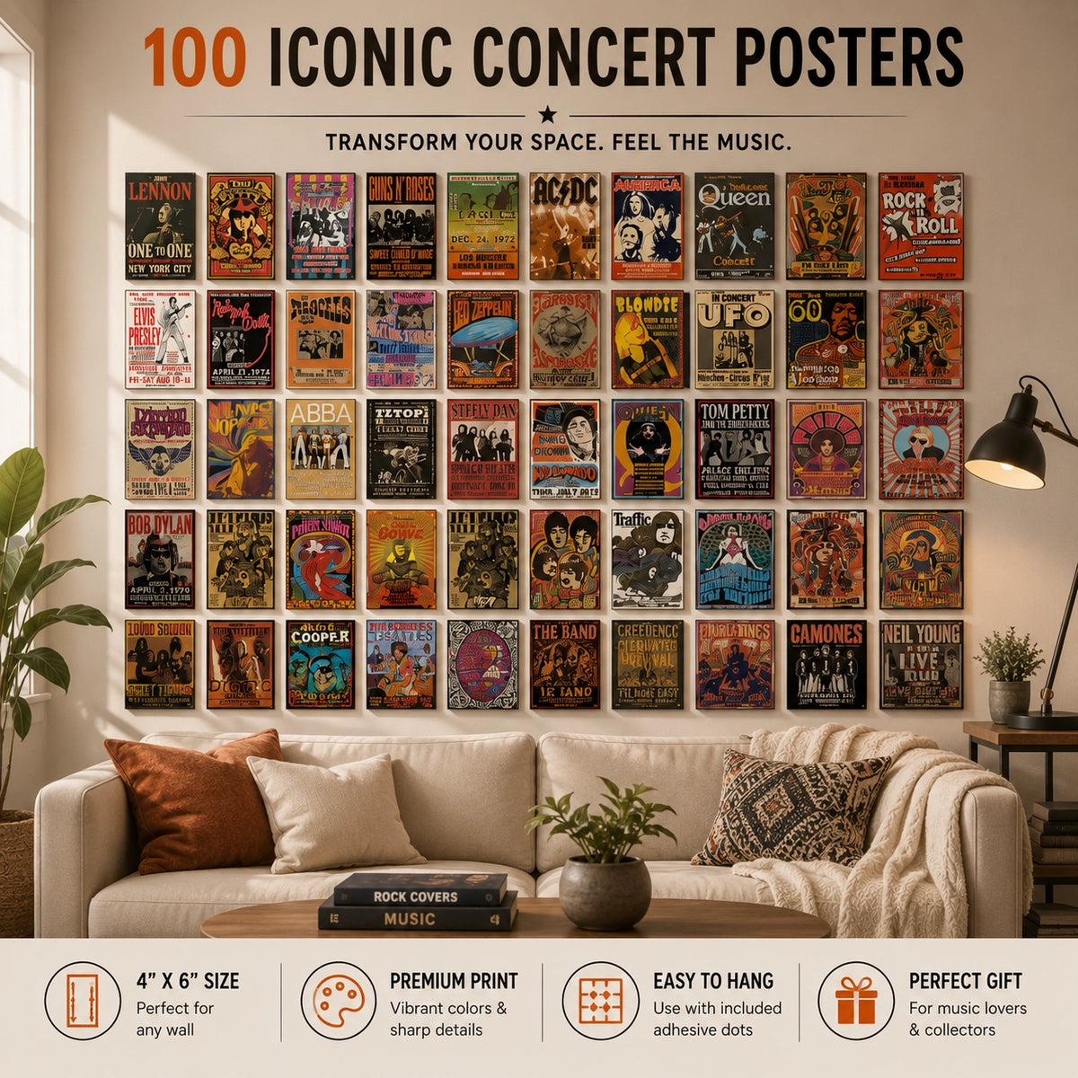 100 iconic vintage concert posters displayed as a 4x6 inch wall collage featuring legendary rock bands and artists including AC/DC, Queen, Guns N' Roses, Elvis Presley, Bob Dylan, Led Zeppelin, and ABBA for retro music room decor.