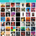 Preview of 100 iconic rap, pop, and rock album cover posters featuring famous artists. Premium unframed music wall art collection for bedrooms, dorm rooms, studios, and music lovers.