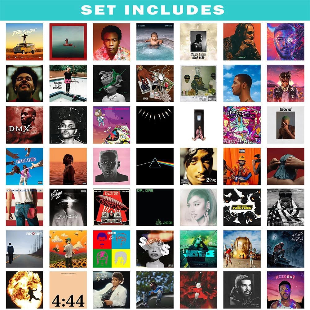 Preview of 100 iconic rap, pop, and rock album cover posters featuring famous artists. Premium unframed music wall art collection for bedrooms, dorm rooms, studios, and music lovers.