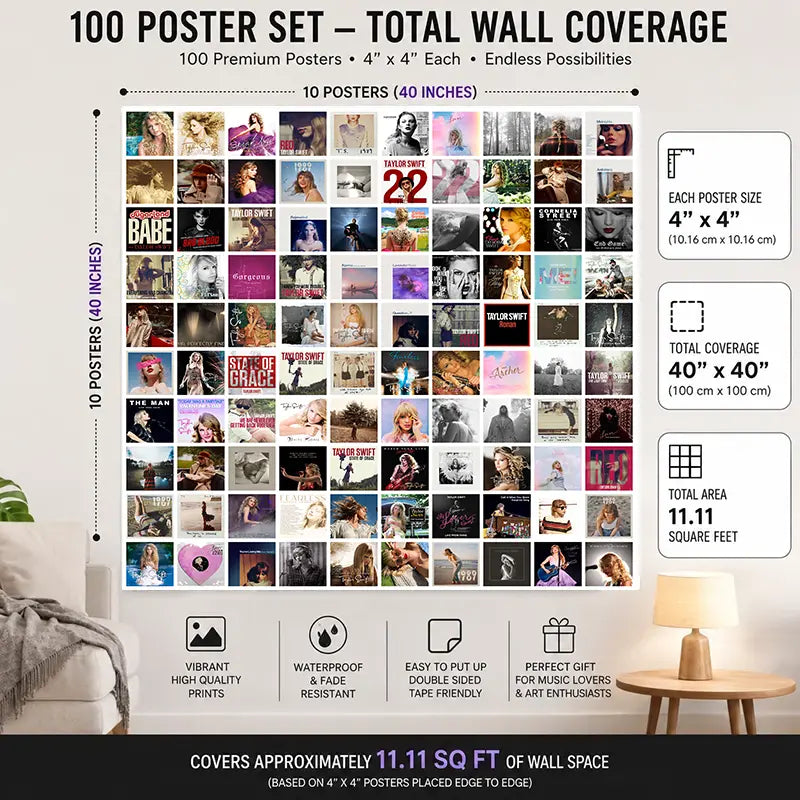 Wall coverage guide showing 100 four-inch square posters arranged in a 40-by-40-inch grid