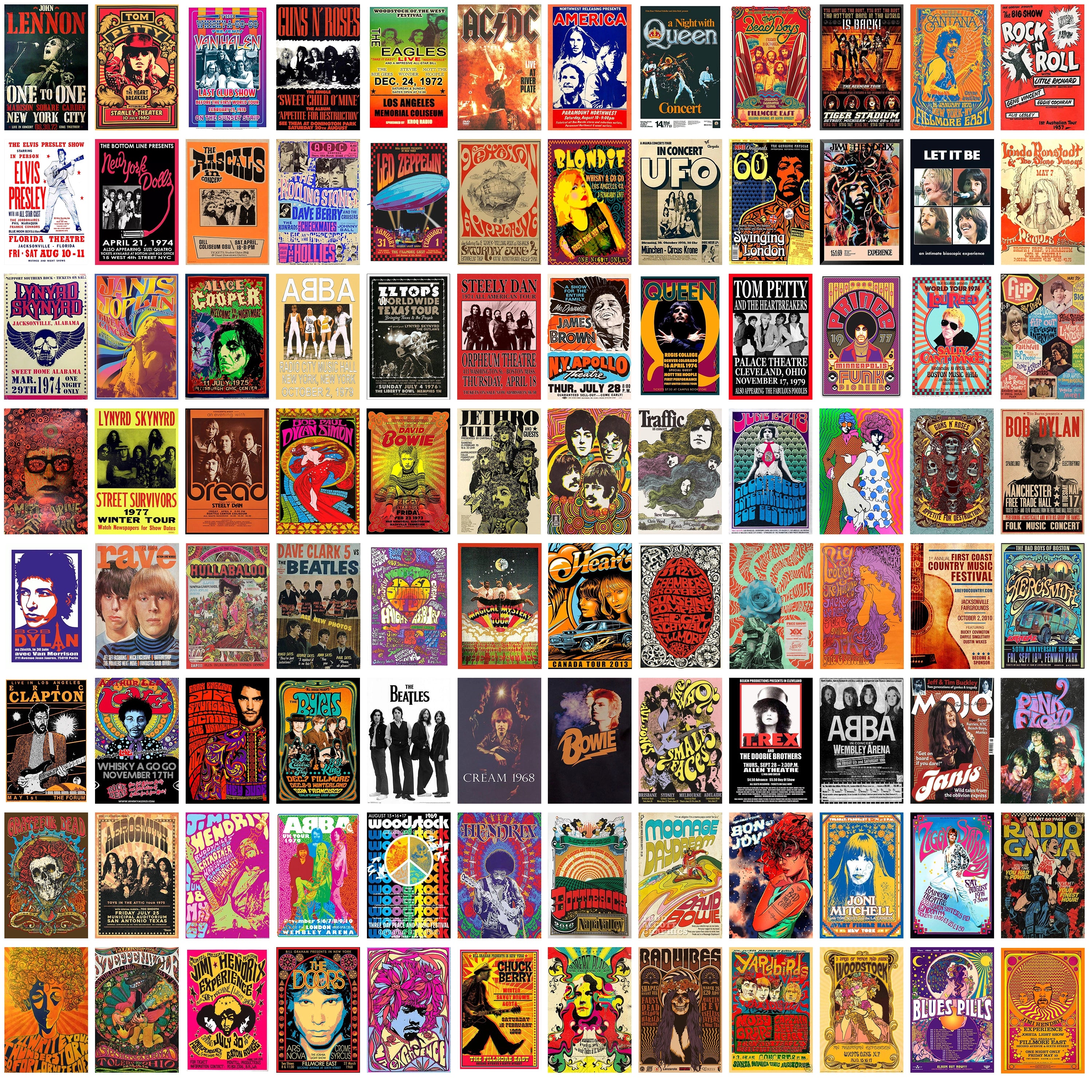 Collection of 100 vintage concert posters featuring legendary rock bands and classic musicians, perfect for retro music wall decor, home, studio, dorm room, and man cave decoration.