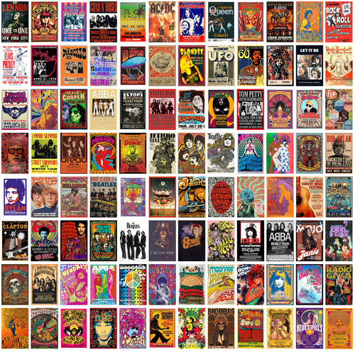 Collection of 100 vintage concert posters featuring legendary rock bands and classic musicians, perfect for retro music wall decor, home, studio, dorm room, and man cave decoration.