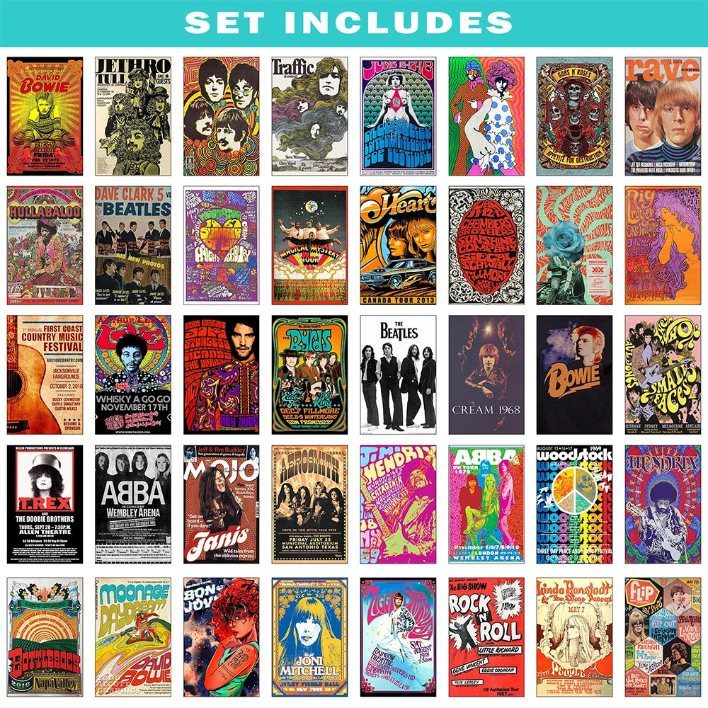 100 vintage rock concert posters featuring legendary artists and bands including John Lennon, Tom Petty, Van Halen, Guns N' Roses, AC/DC, Queen, Elvis Presley, Led Zeppelin, Jimi Hendrix, Blondie, Lynyrd Skynyrd, ABBA, Eric Clapton, Bob Dylan, and The Grateful Dead for retro music wall decor.