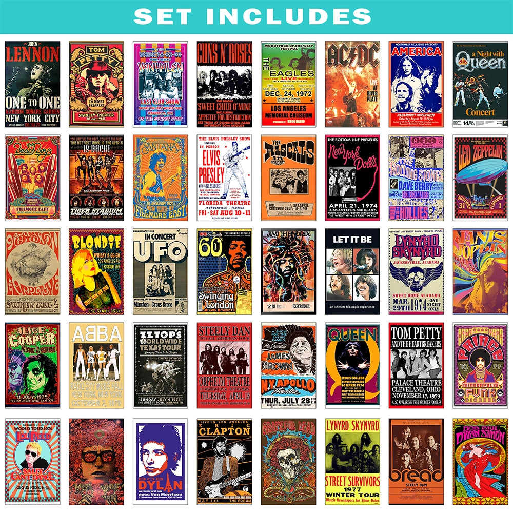 100 vintage concert poster collection featuring iconic rock bands and legendary artists including David Bowie, Jimi Hendrix, The Beatles, Guns N' Roses, ABBA, Jethro Tull, Aerosmith, Heart, Woodstock, and Traffic for retro music wall decor.