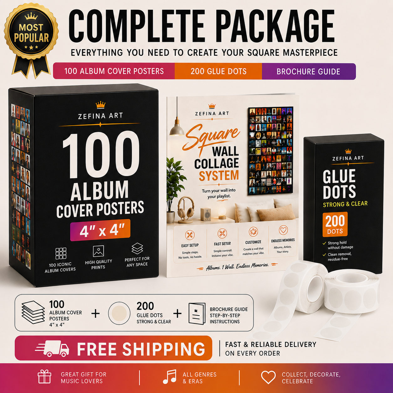 COMPLETE PACKAGE – 100 Iconic Album Posters + 200 Glue Dots + Layout Guide + Free Shipping