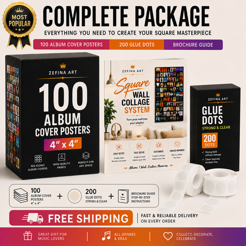 COMPLETE PACKAGE – 100 Iconic Album Posters + 200 Glue Dots + Layout Guide + Free Shipping