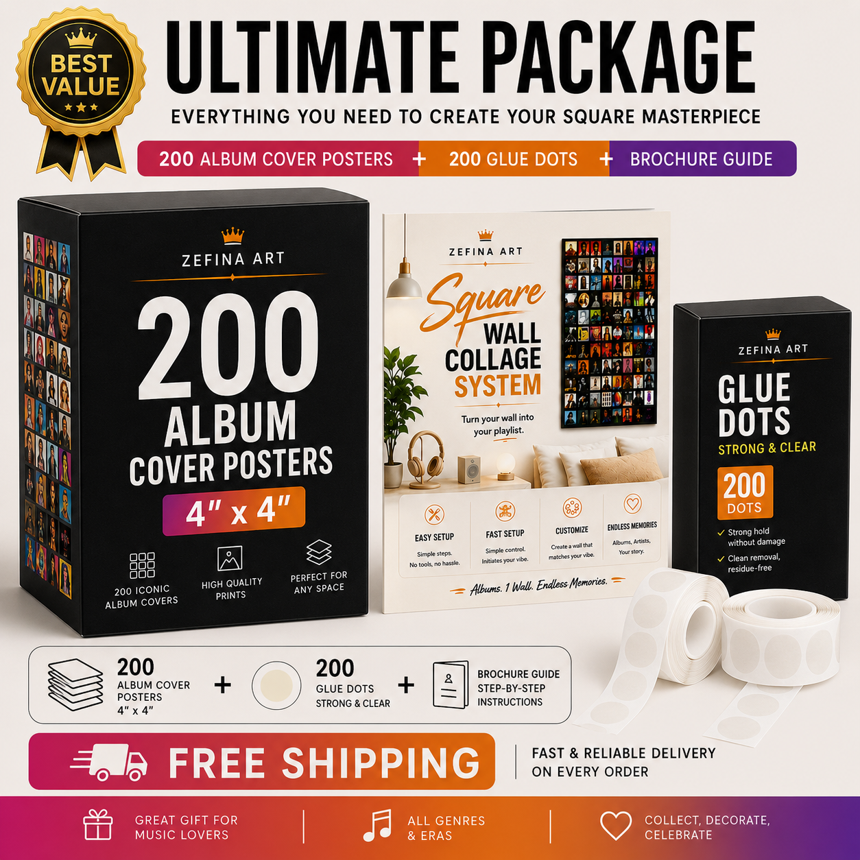 ULTIMATE PACKAGE – 200 Iconic Album Posters + 200 Glue Dots + Layout Guide + Free Shipping