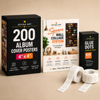 Complete 200 Album Cover Posters Starter Kit including 200 premium 4×4 album cover posters, 400 removable glue dots, and a wall collage guide for easy music wall art installation.