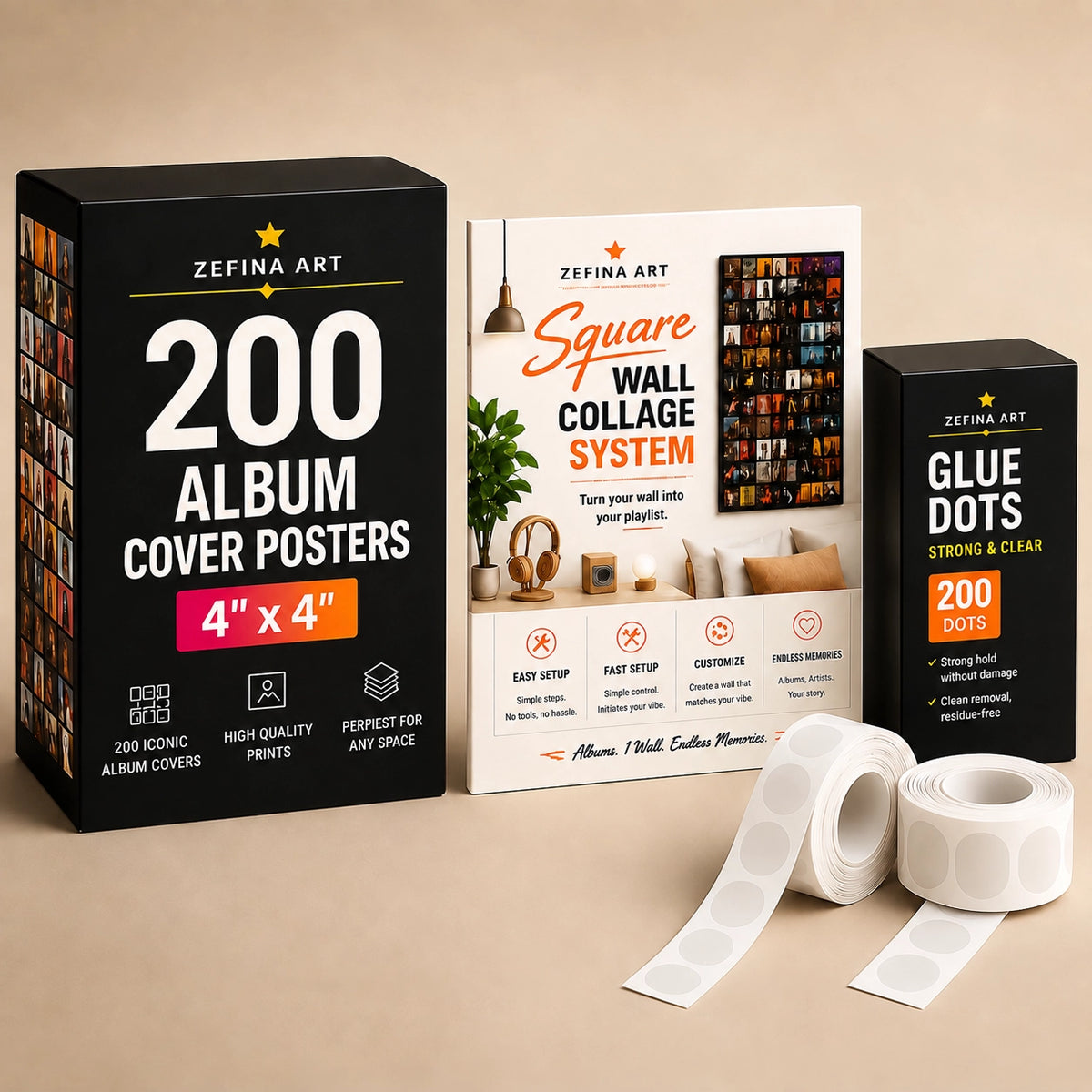 Complete 200 Album Cover Posters Starter Kit including 200 premium 4×4 album cover posters, 400 removable glue dots, and a wall collage guide for easy music wall art installation.
