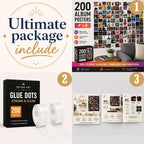 Ultimate package of 200 Album Cover Posters including 200 premium 4×4 album cover posters, removable glue dots, and a wall collage guide for creating a complete music wall display.
