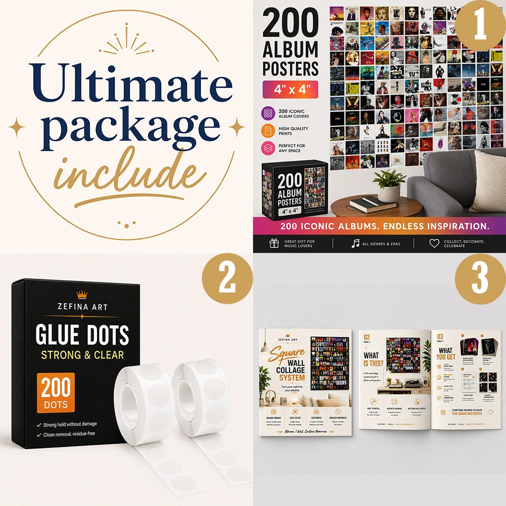 Ultimate package of 200 Album Cover Posters including 200 premium 4×4 album cover posters, removable glue dots, and a wall collage guide for creating a complete music wall display.