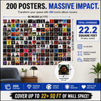 200 Album Cover Posters arranged in a large wall collage covering up to 22.2 square feet with 4×4 inch iconic album cover posters, perfect for music room, bedroom, dorm, and studio decor.