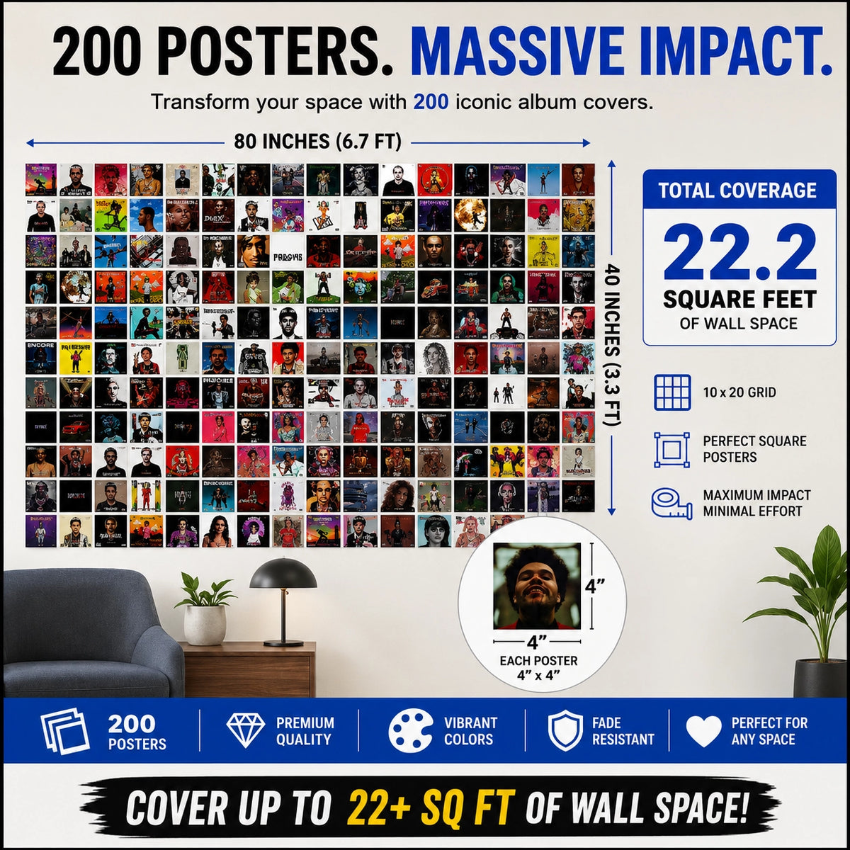 200 Album Cover Posters arranged in a large wall collage covering up to 22.2 square feet with 4×4 inch iconic album cover posters, perfect for music room, bedroom, dorm, and studio decor.
