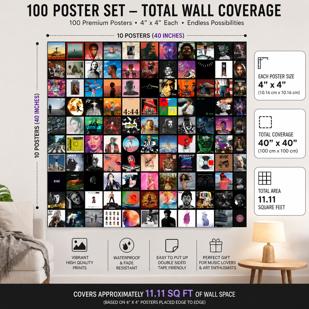 COMPLETE PACKAGE – 100 Iconic Album Posters + 200 Glue Dots + Layout Guide + Free Shipping
