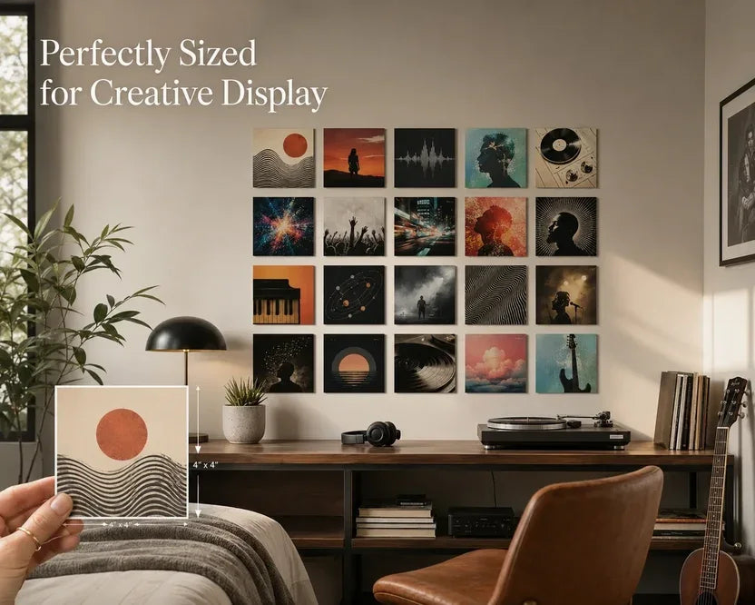 A cozy music room featuring a 4x4 inch album cover print held in hand, with a grid of square album art displayed on the wall above a record player, headphones, books, and guitar.