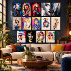 Bold Music Poster Taylor Swift poster collection displayed as colorful wall decor in a modern music-themed living room.
