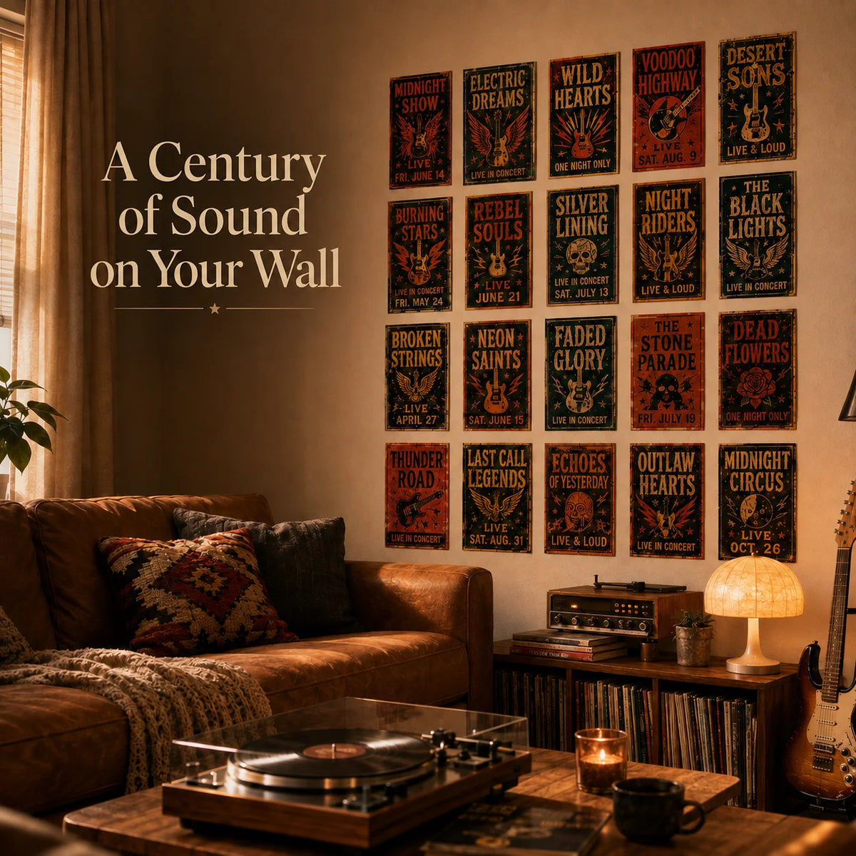 Vintage rock concert poster wall displayed in a warm listening room with a turntable, vinyl records, guitar, and leather sofa.