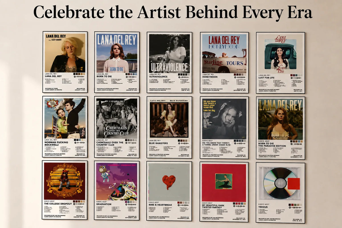 Artist album poster collection displayed in a clean gallery layout beneath the heading “Celebrate the Artist Behind Every Era.”
