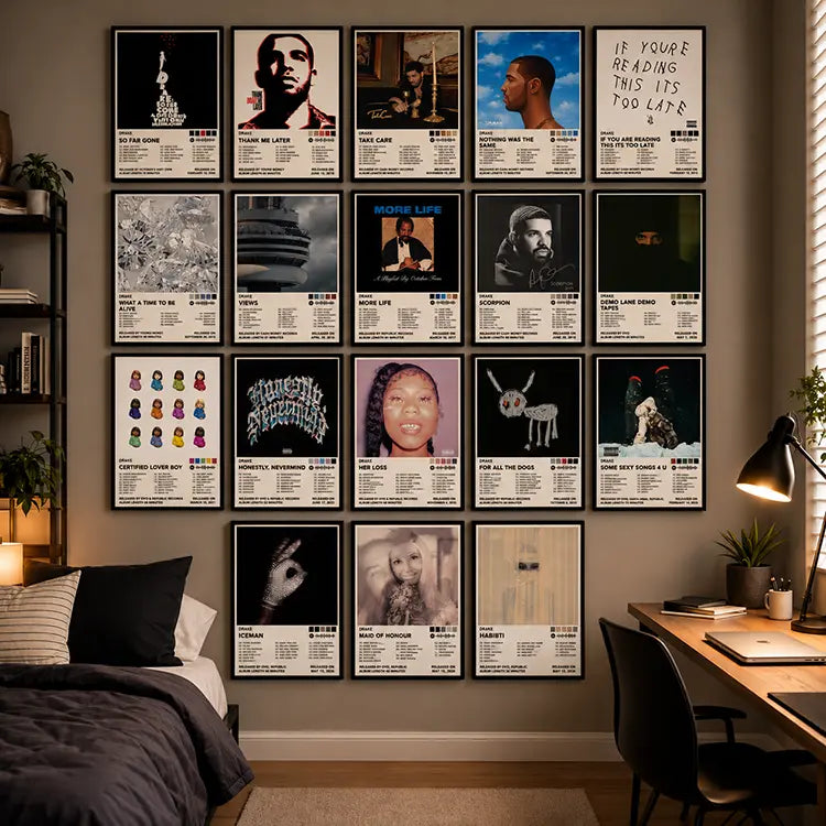 Drake posters for room wall decor displayed in a cozy bedroom