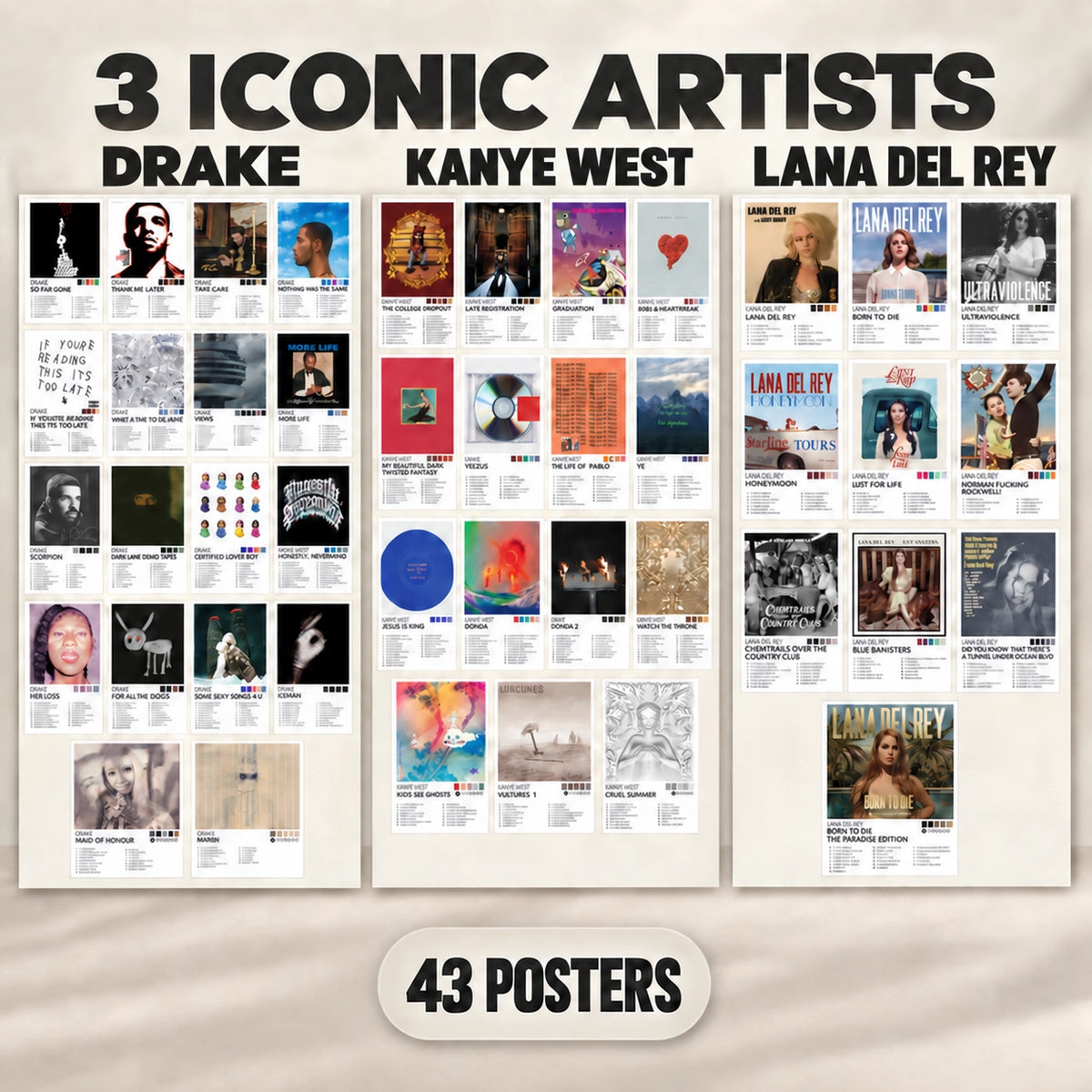 The Ultimate Music Icons Bundle – 43 Drake, Kanye West &amp; Lana Del Rey Album Cover Posters