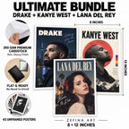 Zefina Art Ultimate Bundle featuring 43 unframed Drake, Kanye West, and Lana Del Rey album posters, printed on premium 200 GSM glossy cardstock in 8 × 12-inch size.